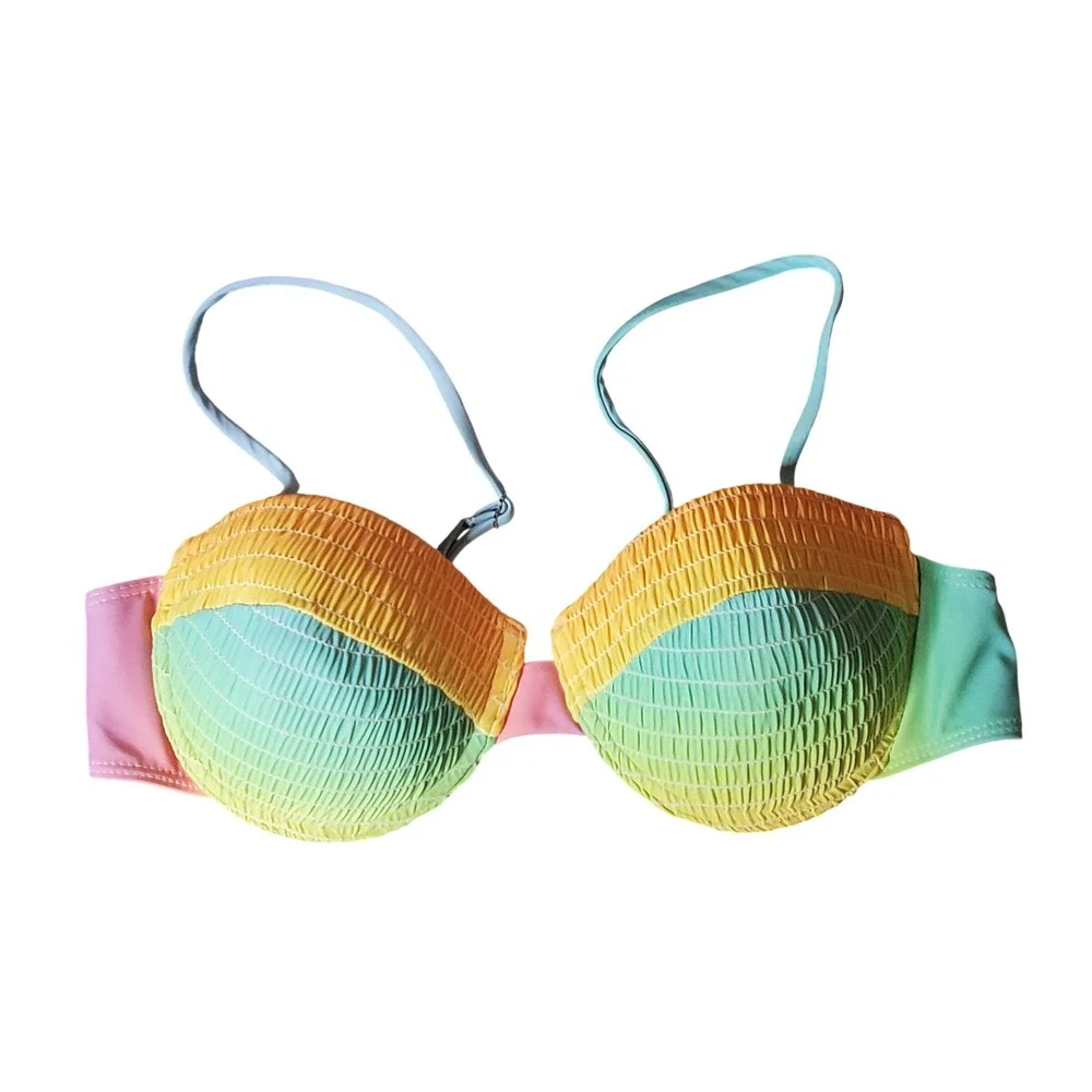 SHEIN Bikini Set Large Rainbow Smocked High‎ Waist Push Up Underwire New